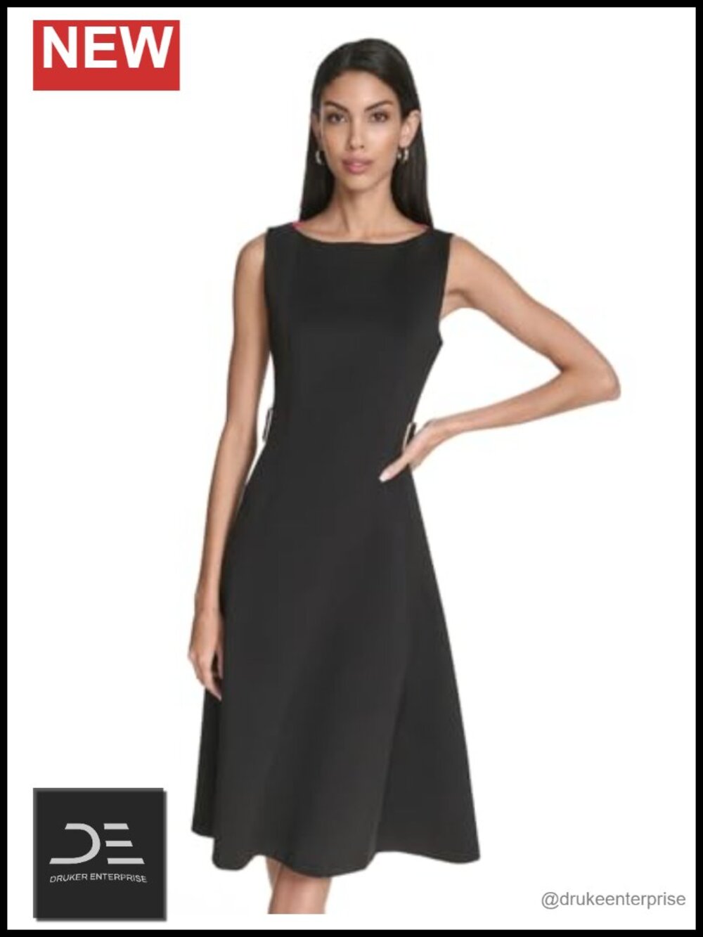 Sleeveless Fit and Flare Dress with Hardware Detail Boat Neck Knee-Length